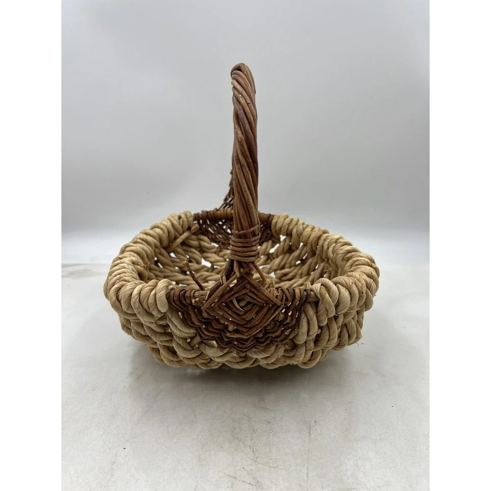 Rustic Woven Wicker and Rope Basket with Handle Natural Fiber Farmhouse Decor